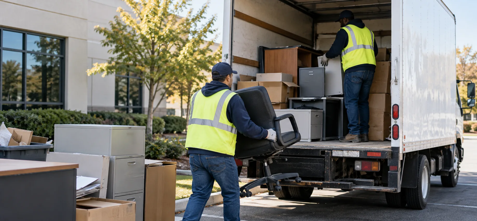 Illustration of a small crew loading discarded office furniture into a box truck
